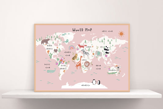 ANIMAL WORLD MAP PRINT , EDUCATIONAL PRINTS , PINK WORLD MAP PRINT